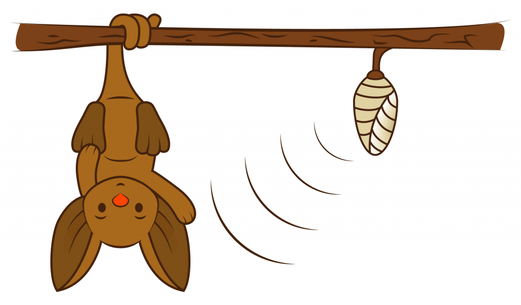 Designs Listen graphic of a creature hanging upside down on a branch by its tail, listening to the sounds coming from a cocoon