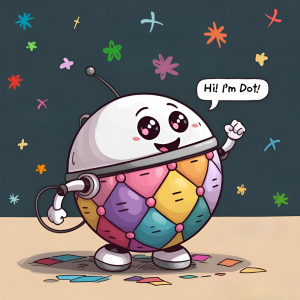 Graphic of a round robot named Dot, with a warm quilted appearance