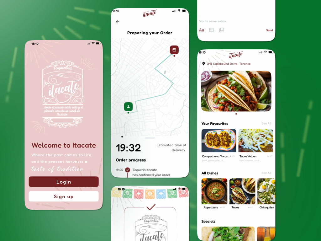 Itacate Taqueria Restaurant Food Ordering App Teaser image with various screens from the app seen