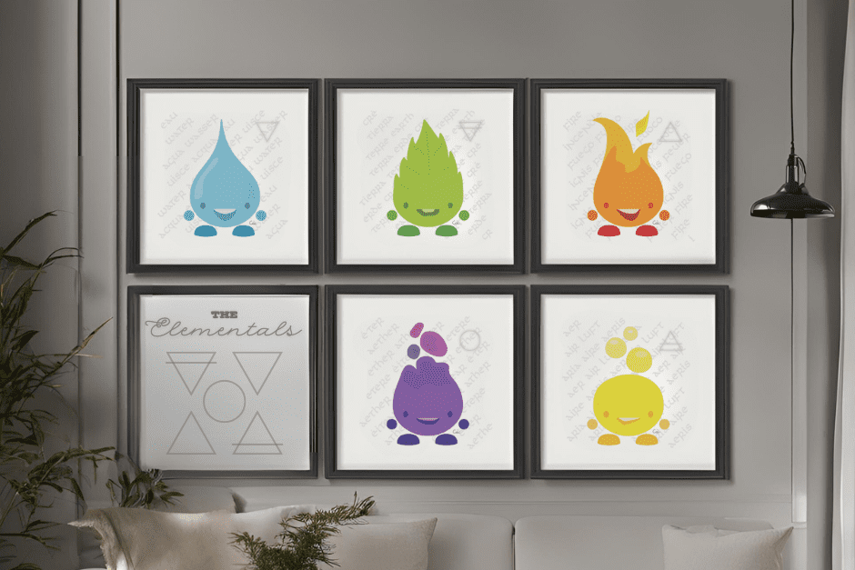 Elementals Characters Collectible Posters Mockup in two rows of three on a grey living room wall, including a title image with the chemical symbols for each. © 2010