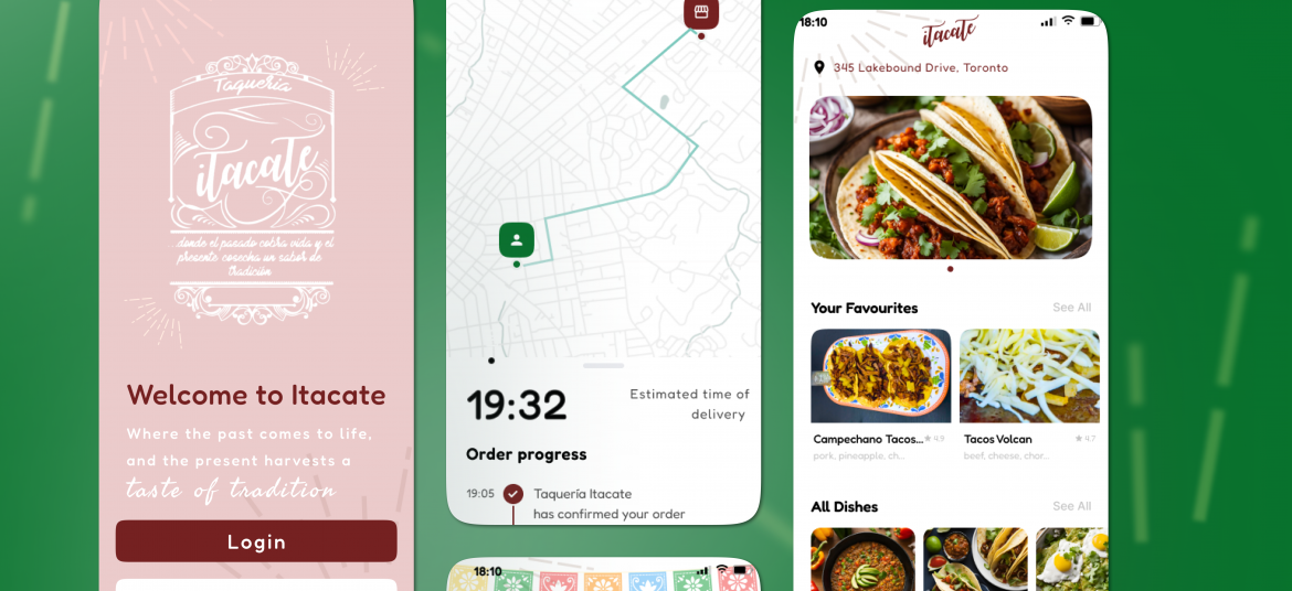 Itacate Taqueria Food Ordering App Mockup of several screens, including the login, map, menu, and bits of others