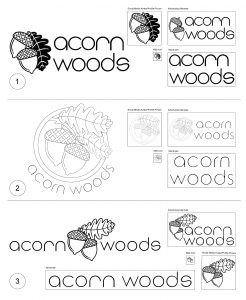Acorn Woods Logo Options prior to colourizing the logo. Includes the client's chosen font style, and two acorns.