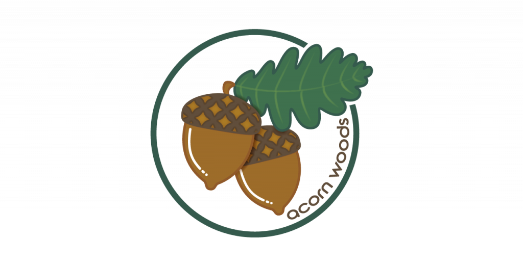 Acorn Woods Final Logo Design with two acorns, one oak leaf, and title inside a thin circle