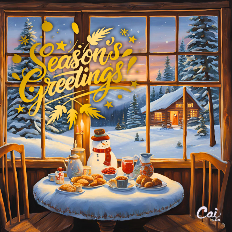 Season's Greetings from Cai & Co. set on top of a painted scene of a snowman on a table with cookies and hot drinks beside a large window looking out at a snowy scene of trees and a far off house covered in snow with warm amber light shining in the windows.