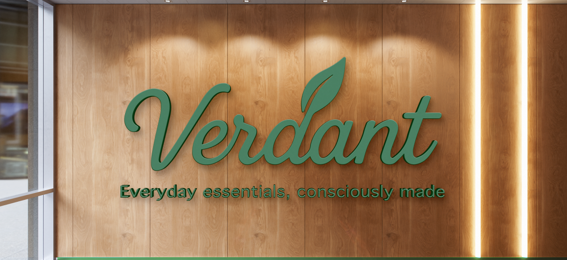 Verdant logo in green on a wood panelled wall with overhead spotlighting.