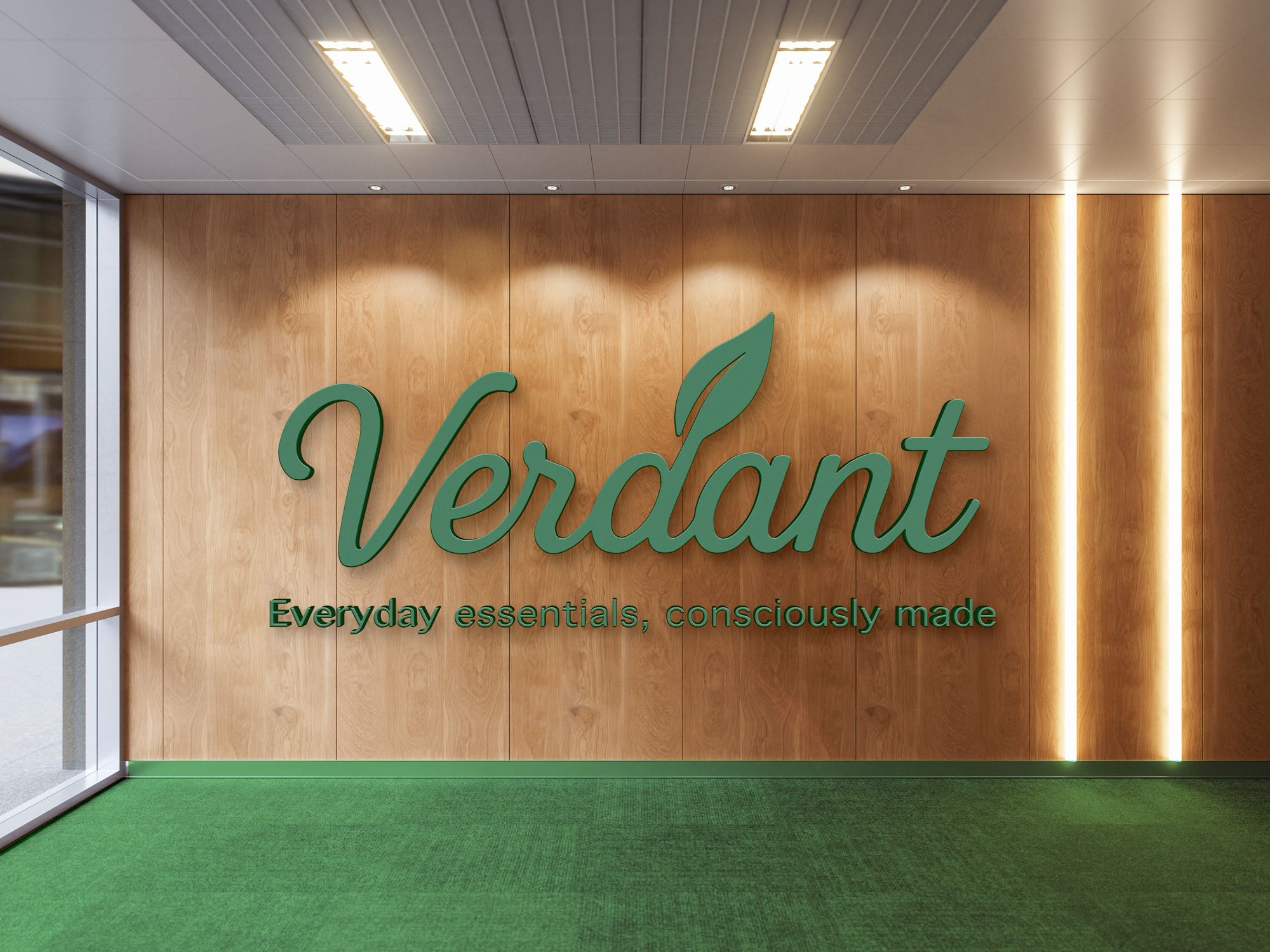 Verdant logo in green on a wood panelled wall with overhead spotlighting.