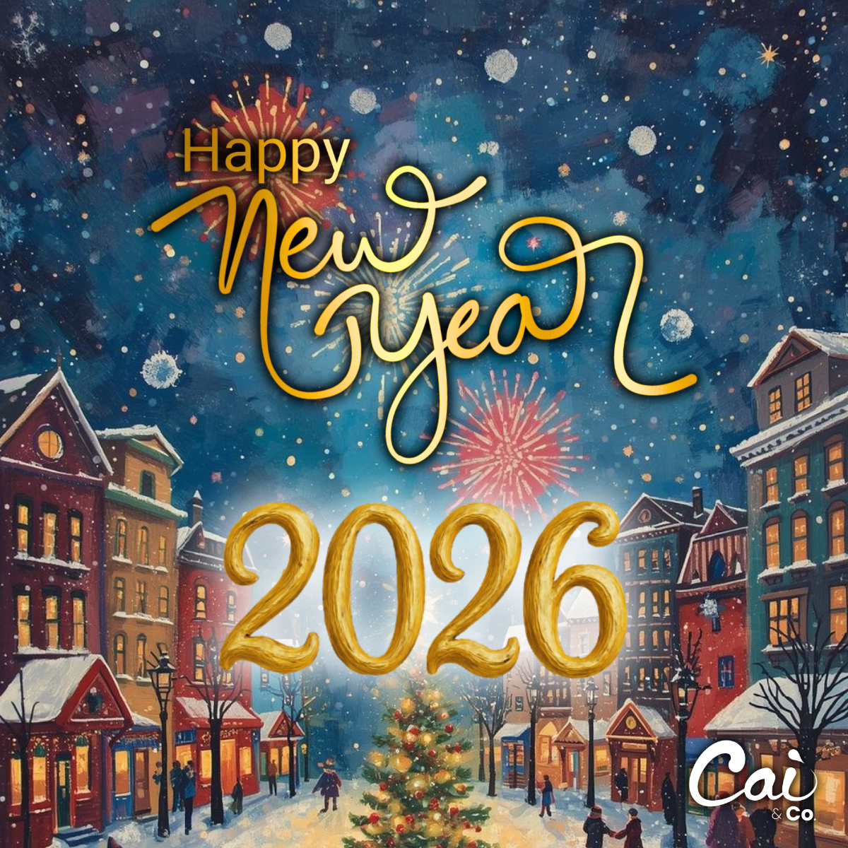 Happy New Year 2026 on a painted background of a snow covered winter square in the middle of a town with fireworks off in the distance as people look on.